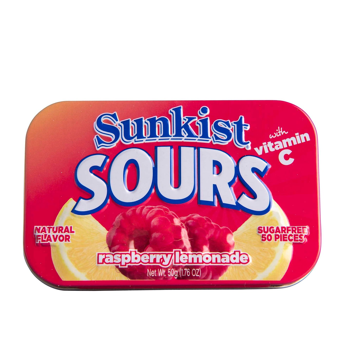 Sunkist Sours Raspberry Lemonade Vitamin C Sugar Free Sour Candy 1.76 Ounce Tin - 6 Count Tray