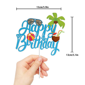 LINGBOOM Blue Glitter Summer Beach Coconut Happy Birthday Cake Topper for Pool Party Decoration and Summer Holiday Celebrations