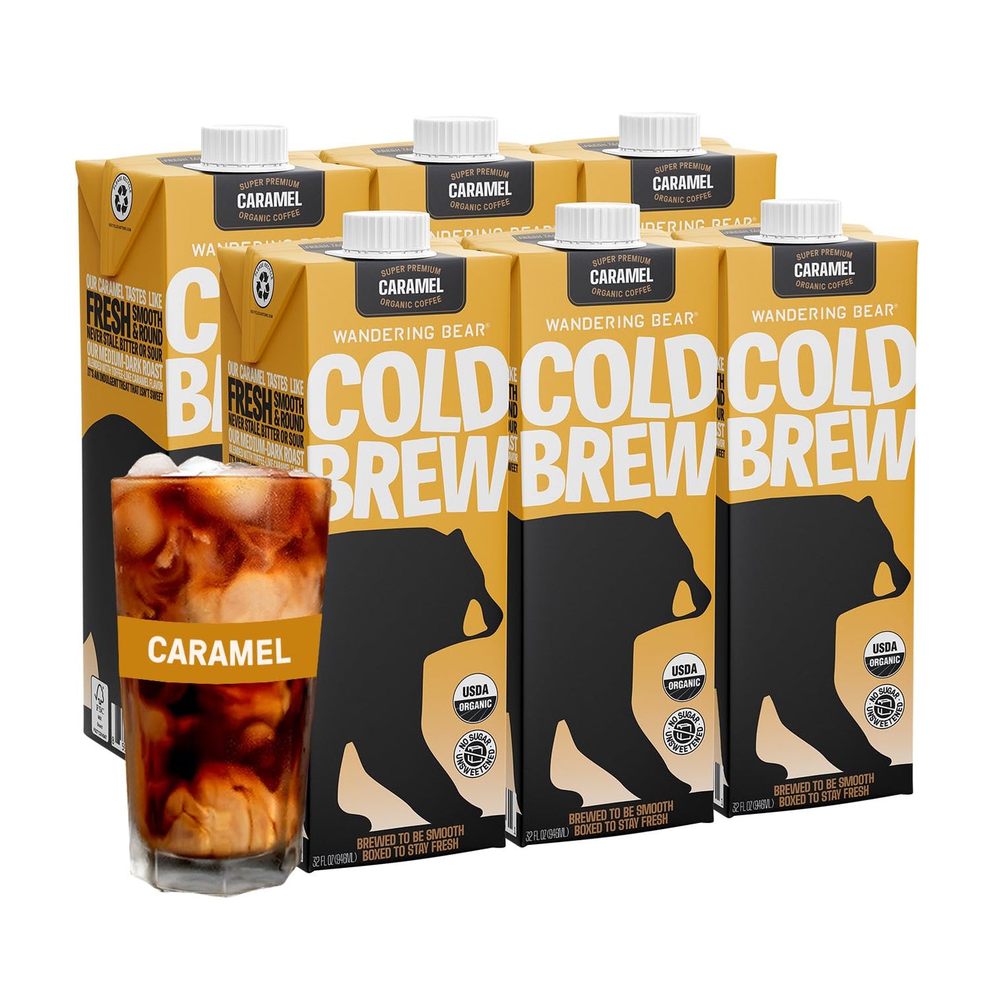 Wandering Bear Organic Caramel Cold Brew Coffee, 32 Fl Oz, 6 Pack - Extra Strong, Smooth, Organic, Unsweetened, Shelf-Stable, An