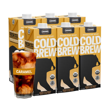Wandering Bear Organic Caramel Cold Brew Coffee  32 fl oz  6 pack - Extra Strong  Bold  Smooth  Unsweetened  Shelf-Stable  Ready to Drink  Gluten Free  & Vegan  Iced Cold Brewed Coffee Drinks