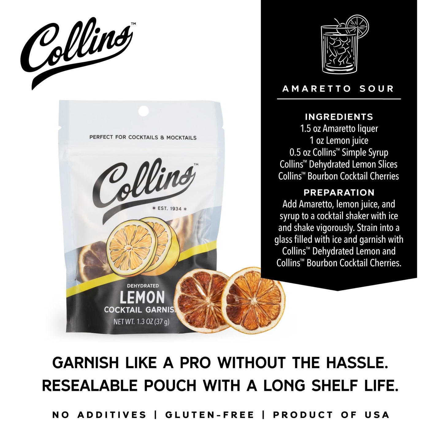 Collins Dehydrated Lemon Slices, Set of 1, 1.3 oz, Yellow, Premium Garnish for Cocktails and Desserts, Model 11755