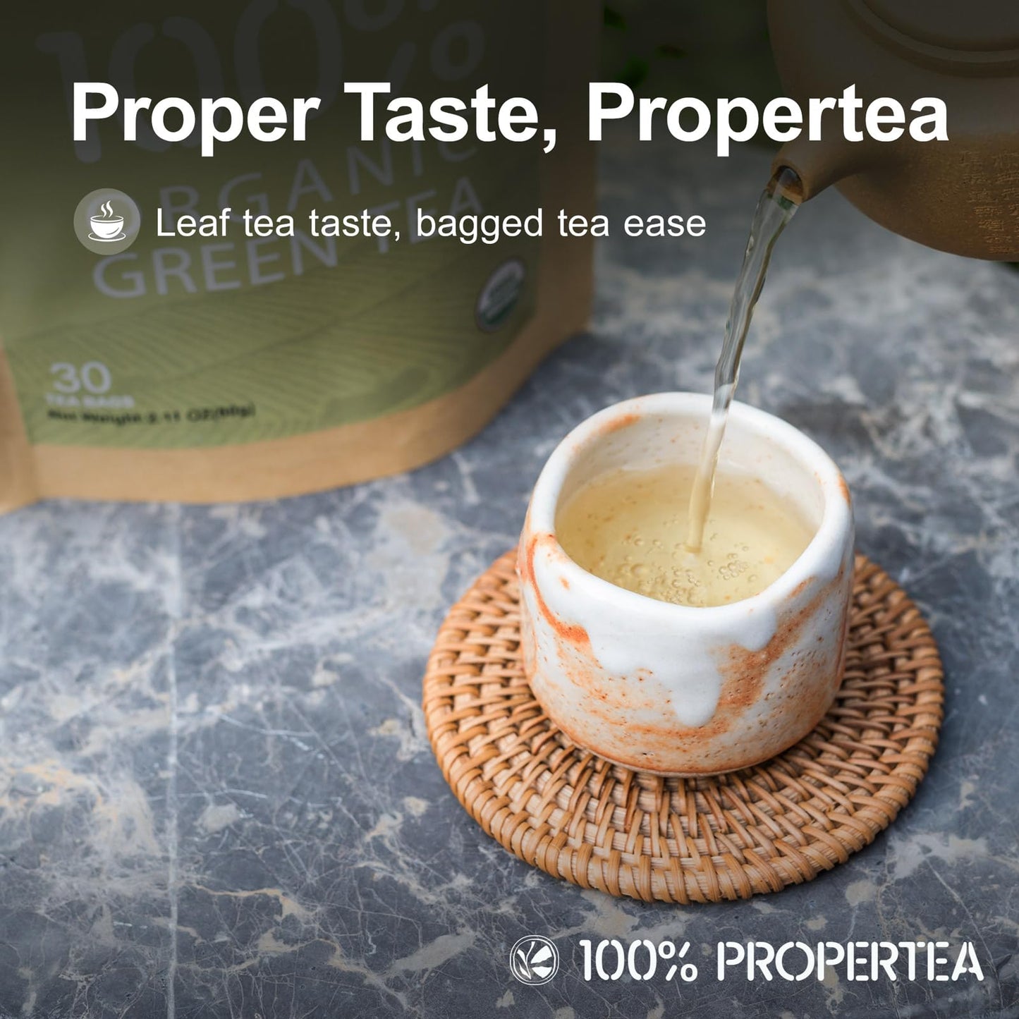 100% Propertea Organic Green Tea Bags, 100 Count Eco-Friendly Tea Bags, Classic Taste, Caffeinated, Rich In Antioxidants, Resealable Pouch