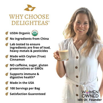 DelighTeas Organic Masala Chai Powder, Caffeine Free, Vegan, Keto, 4oz, 100 Servings