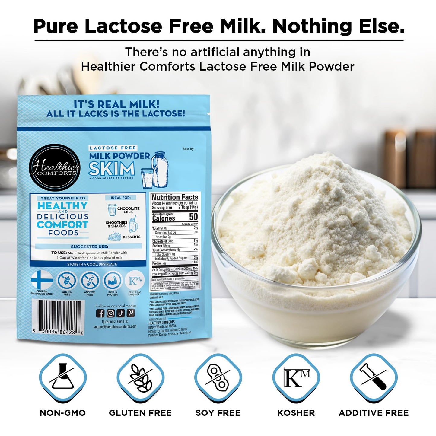 Healthier Comforts Lactose Free Skim Milk Powder | High Protein, Non-GMO | 7 Ounce