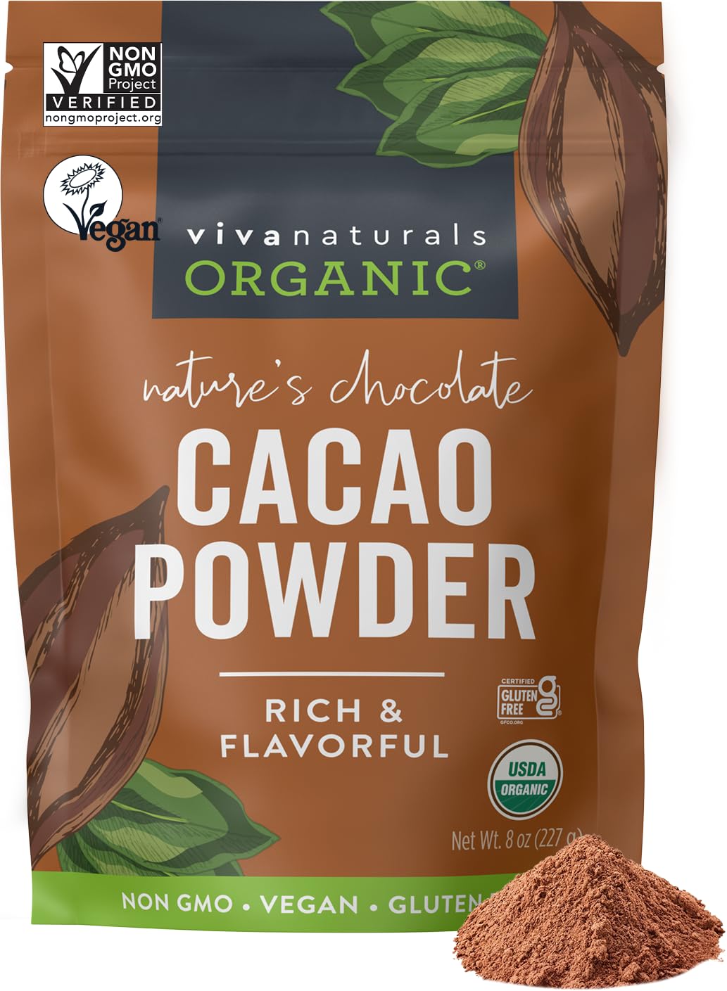 Viva Naturals Organic Cacao Powder  8 oz - Unsweetened Cocoa Powder With Rich Dark Chocolate Flavor  Perfect for Baking & Smoothies - Certified Vegan  Keto & Paleo  Non-GMO & Gluten-Free  227 g