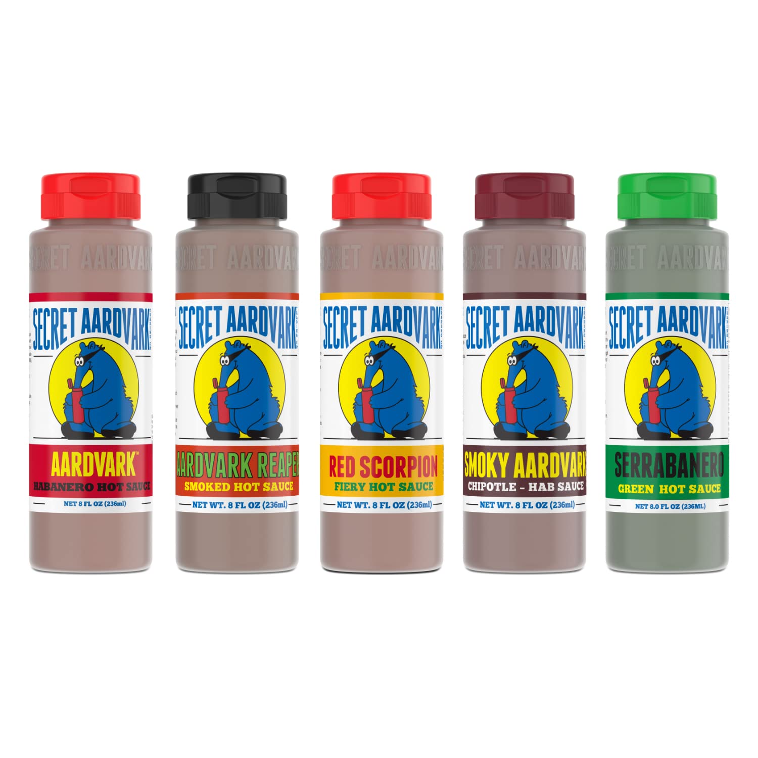 Secret Aardvark Hot Sauce Variety Pack - Smokey Chipotle, Reaper, Red Scorpion, Serrabanero, & Habanero Hot Sauce, Low Carb, Hot
