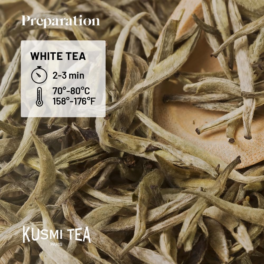 KUSMI TEA White Bellini Organic White Tea Blend with Peach & Apricot, Loose Leaf, 3.1 oz Tin Box, Model BBEL100BIO