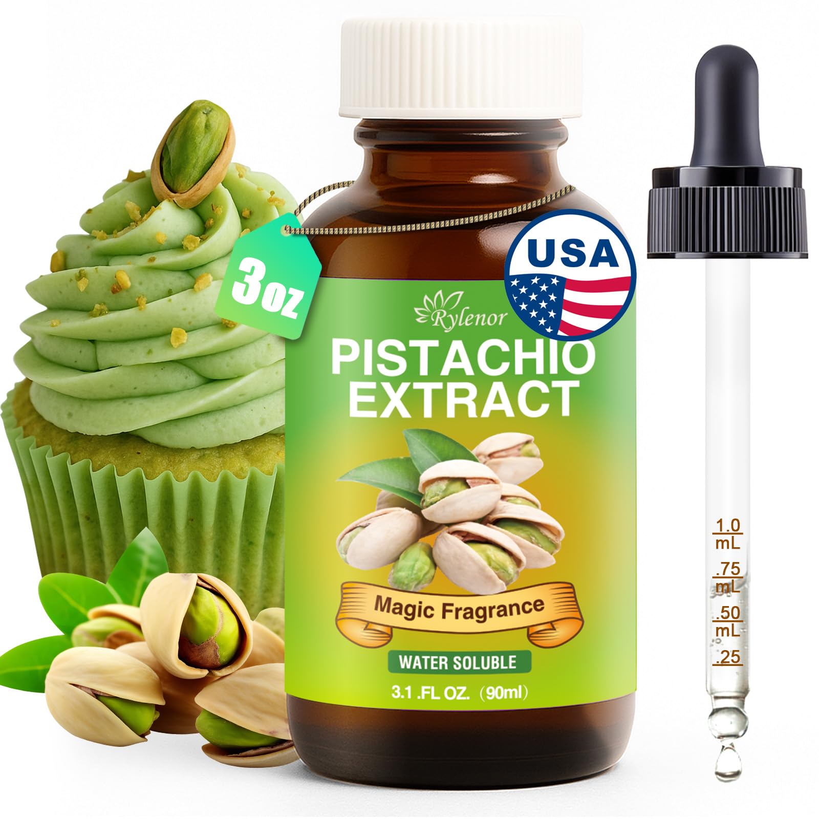 Rylenor Pistachio Extract 3 Fl Oz - Water-Soluble  Concentrated Nutty Flavoring For Baking  Pistachio Syrup  Ice Cream & Pastries - Kosher  Keto-Friendly  Sugar-Free  With Measured Dropper