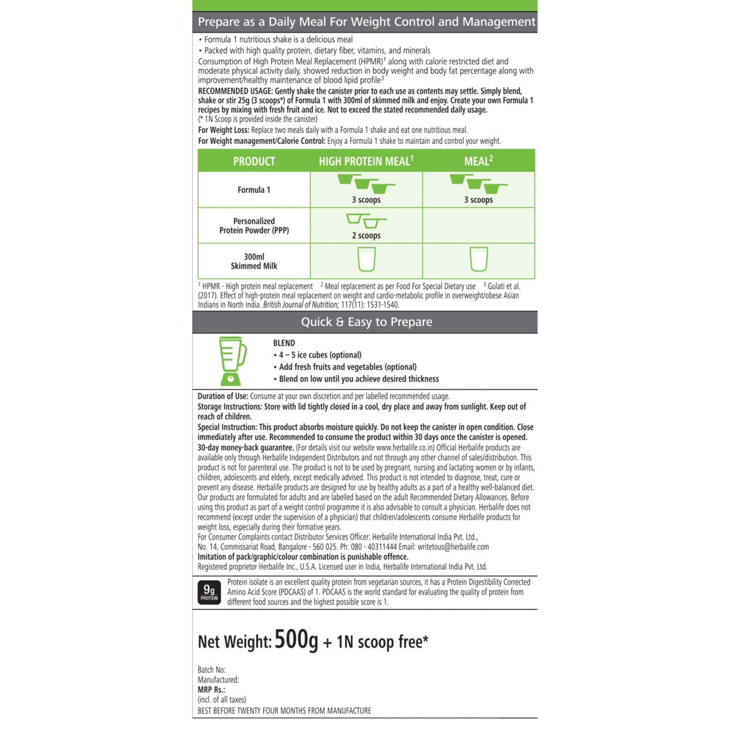 Herbalife Formula 1 Nutritional Shake Mix, Meal Replacement, 500g, Chocolate Flavor