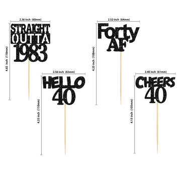 Gyufise 24 Pack Black 40Th Birthday Cupcake Toppers Glitter Forty Hello 40 Straight Outta 1983 Cupcake Picks For Cheers To 40 Bi