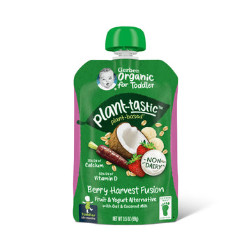 Gerber Organic Baby Food Pouches, Toddler, Plant-Tastic, Berry Harvest Fusion, Fruit & Yogurt Alternative With Oat & Coconut Mil
