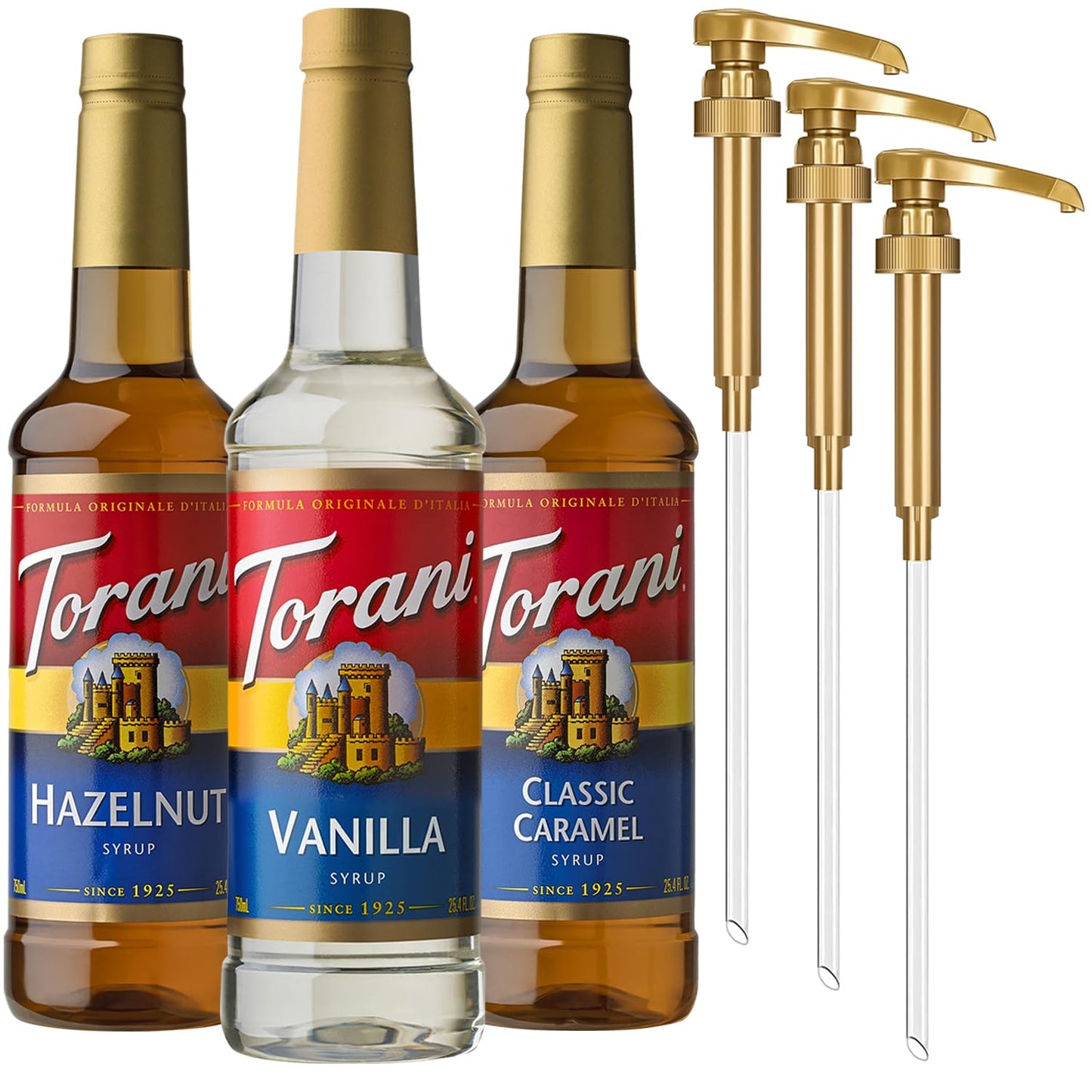 Torani Syrups, Classic Caramel, Hazelnut, and Vanilla Syrup Variety 3-Pack, Coffee Syrups for Drinks, Pumps Included, 25.4 Fl Oz