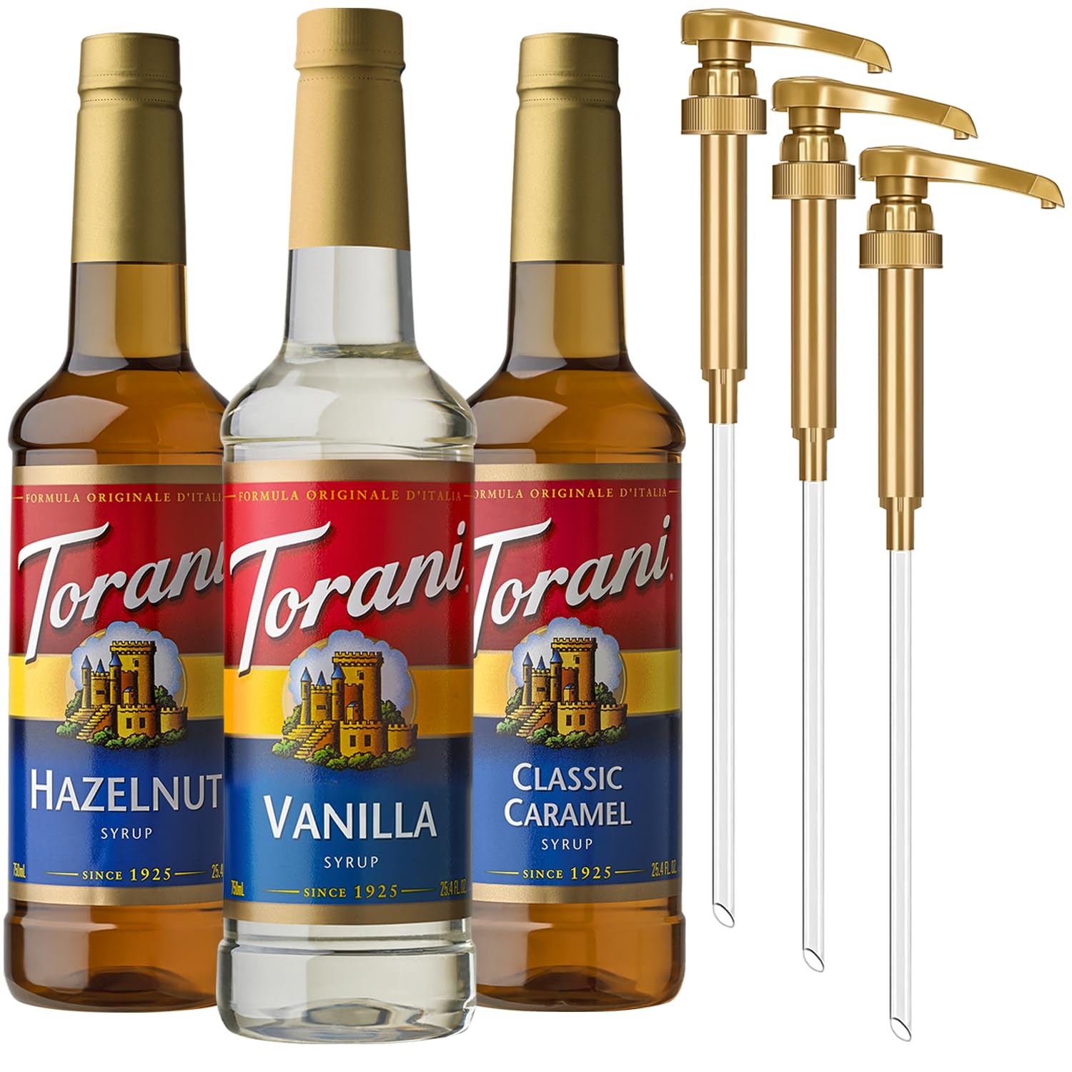 Torani Syrups, Classic Caramel, Hazelnut, and Vanilla Syrup Variety 3-Pack, Coffee Syrups for Drinks, Pumps Included, 25.4 Fl Oz