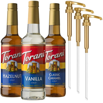 Torani Syrups, Classic Caramel, Hazelnut, and Vanilla Syrup Variety 3-Pack, Coffee Syrups for Drinks, Pumps Included, 25.4 Fl Oz