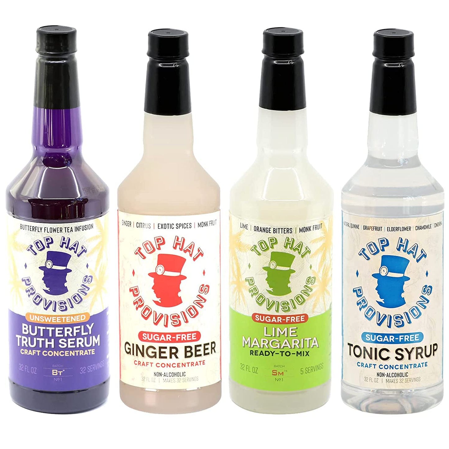 Top Hat Provisions Skinny Keto Cocktail Mixer Set - 4 Pack - 32 Fl Oz Bottles - Ginger Syrup, Tonic Syrup, Margarita Mix