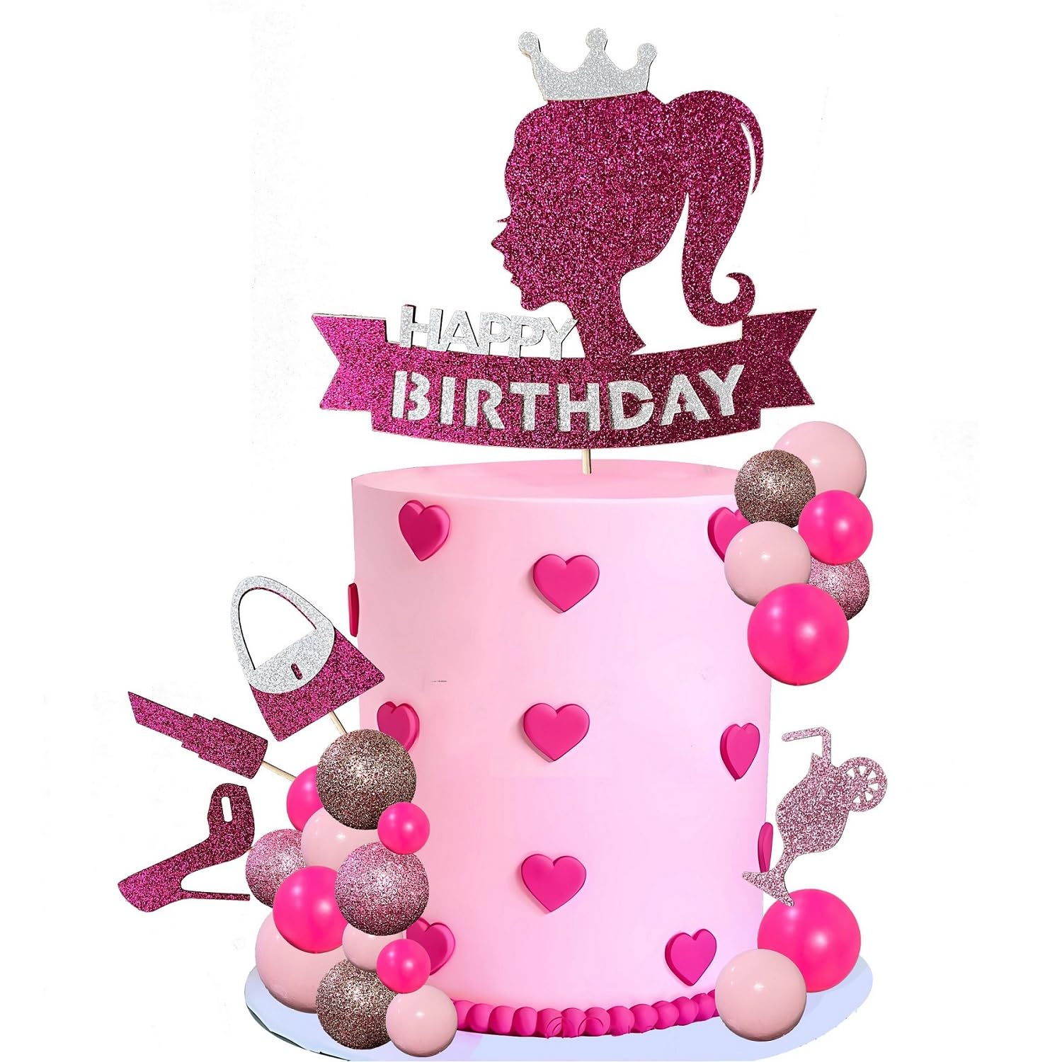 Hot Pink Girl Princess Cake Decorations - Glitter Happy Birthday Cake Topper With 20 Balls For Cake Decorating & 12 Girls Cupcak