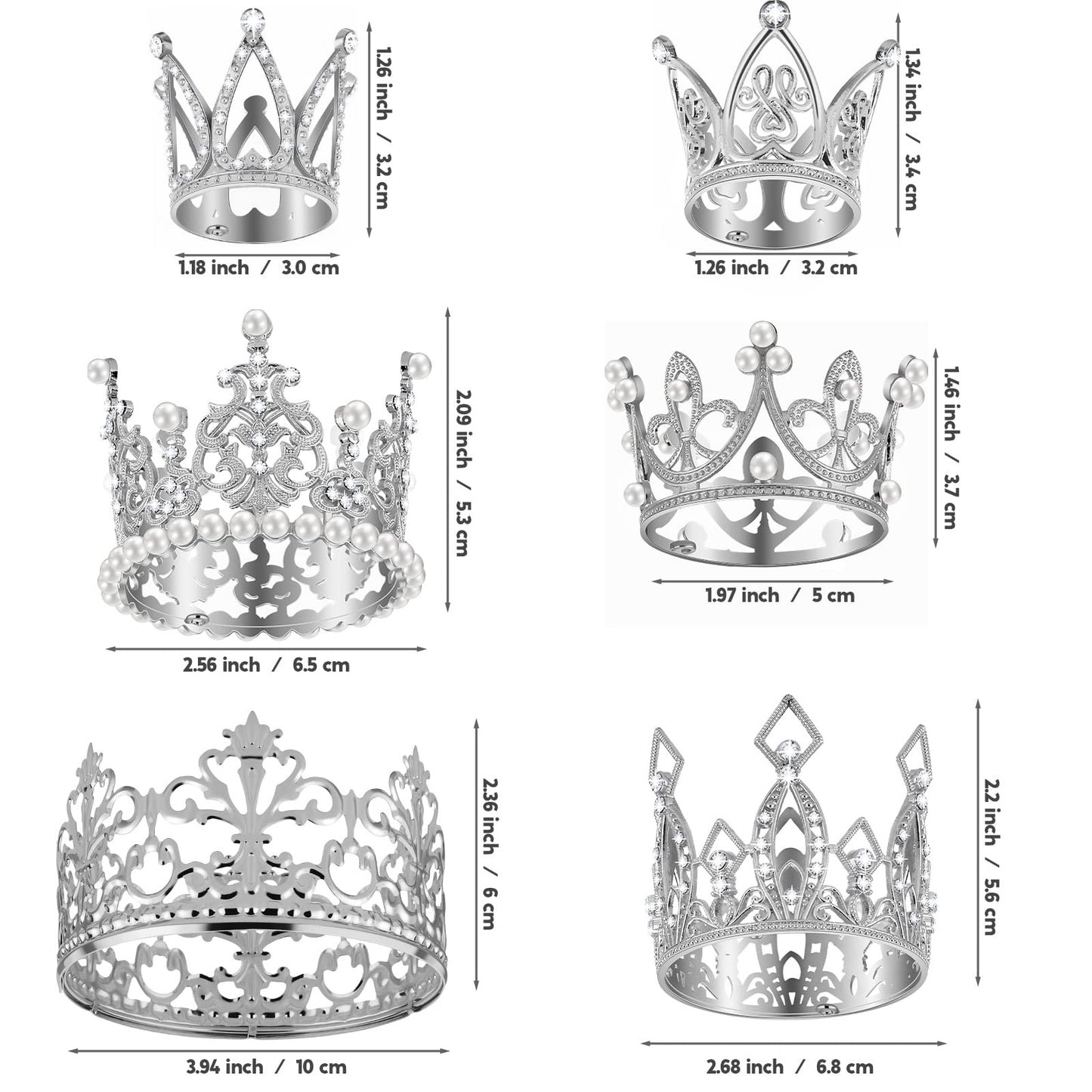 Ruisita 6 Pieces Silver Crown Cake Topper Vintage Pearl Rhinestone Crown Cake Topper Mini Tiara Cupcake Toppers Children Crown H
