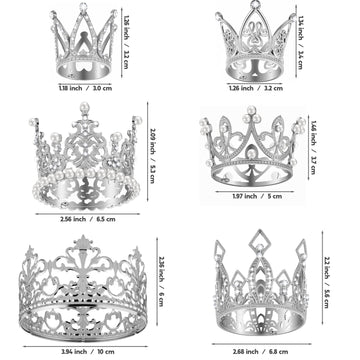 Ruisita 6 Pieces Silver Crown Cake Topper Vintage Pearl Rhinestone Crown Cake Topper Mini Tiara Cupcake Toppers Children Crown H