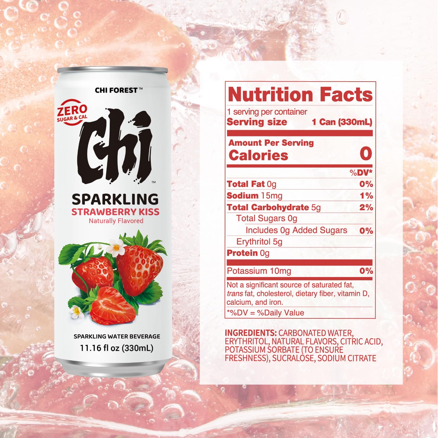 CHI FOREST Strawberry Sparkling Water Beverage  Zero Sugar Drinks  Zero Artificial Flavor  11.16 fl oz Cans (Pack of 24)