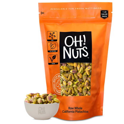 Oh! Nuts Pistachios No Shell - Raw - 100% Natural - 1 lb - Raw Whole California Pistachios - Packed in New York Zip-Seal Bag for