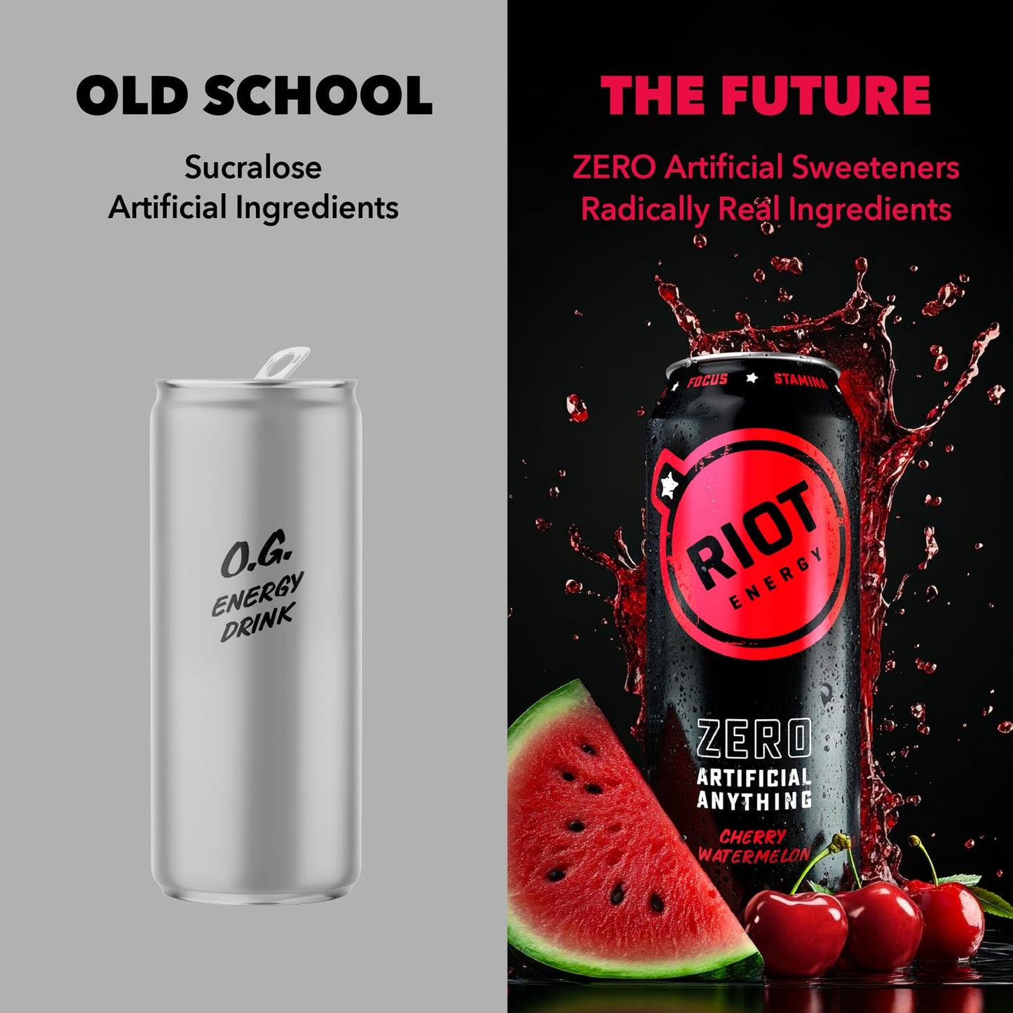 RIOT Energy Clean Energy Drink, Cherry Watermelon, Organic, No Sugar Added, 16 fl oz (Pack of 10)