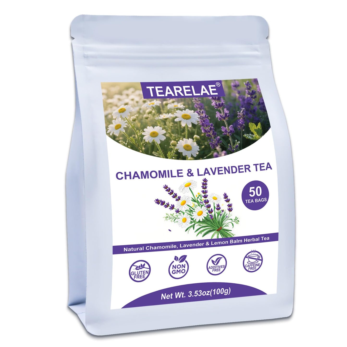 Tearelae - Chamomile Lavender Tea  50 Herbal Tea Bags With Lemon Balm For Relaxation & Bedtime - Non-Gmo - Energy Blend-Free - Floral & Soothing