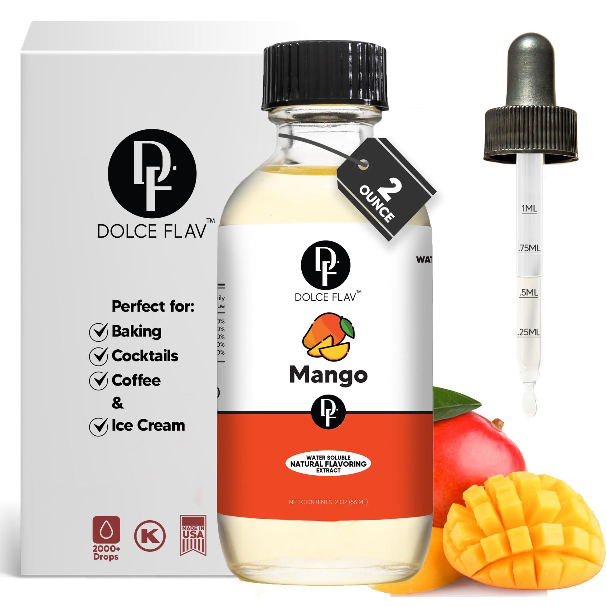 Dolce Flav Mango Extract - Water-Soluble Flavoring for Baked Goods, Beverages & Desserts - 2 Oz.