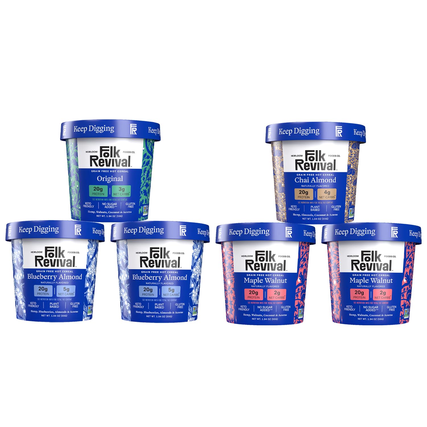 Folk Revival Keto Instant Oatmeal Variety Pack - 20G Of Protein, Low Carb, High Fiber, 2 Blueberry, 2 Maple Walnut, 1 Chai Almon
