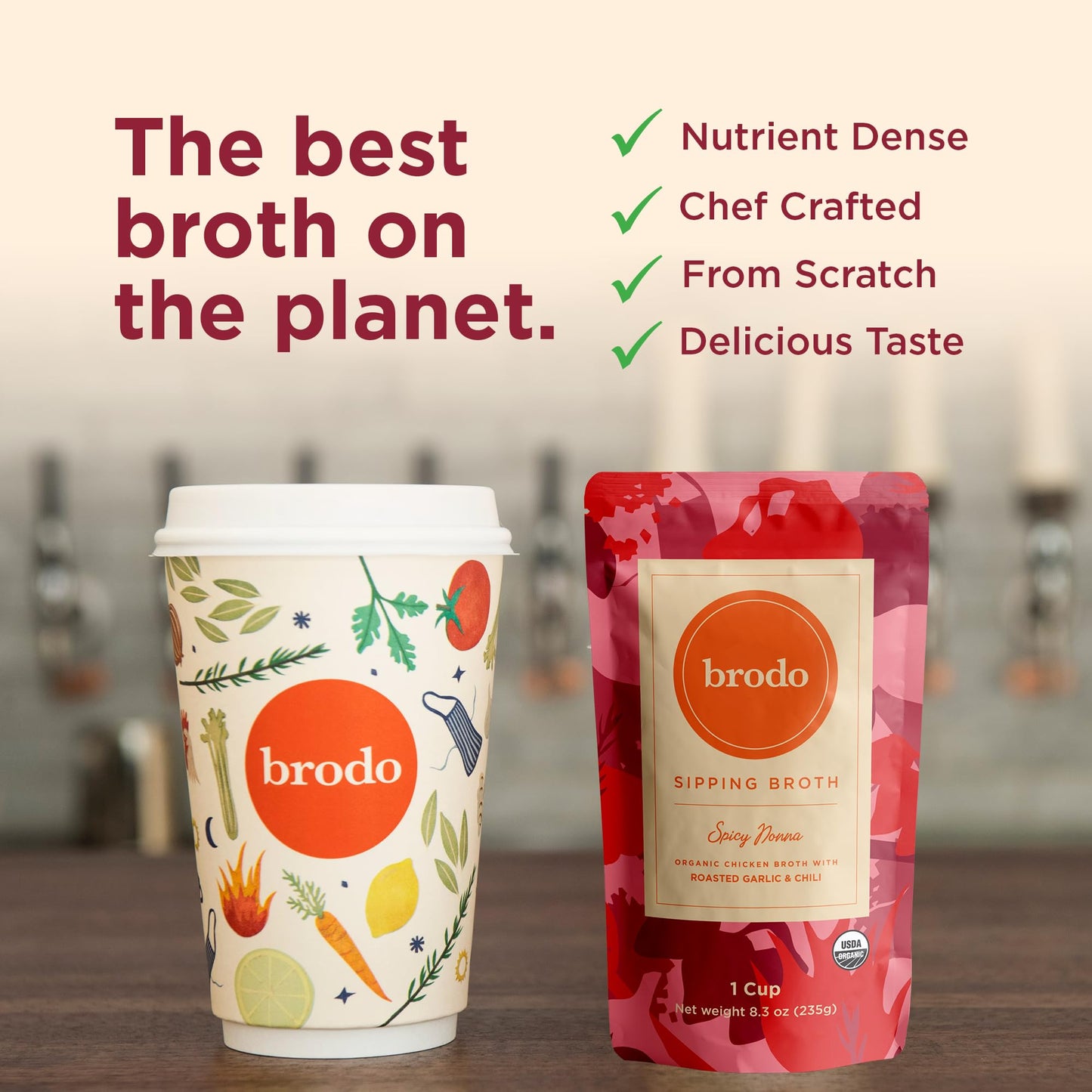 Brodo Spicy Nonna Roasted Garlic & Chili Chicken Bone Broth, Nutrient Dense, Chef Crafted, 6x8.3oz Pouches, No Preservatives
