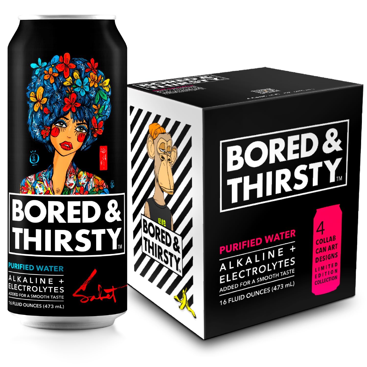Bored & Thirsty Alkaline Canned Water - 4 Pack  16Oz  9.0+ Ph  Electrolytes  Trace Minerals - Special Release Art  100% Recyclable