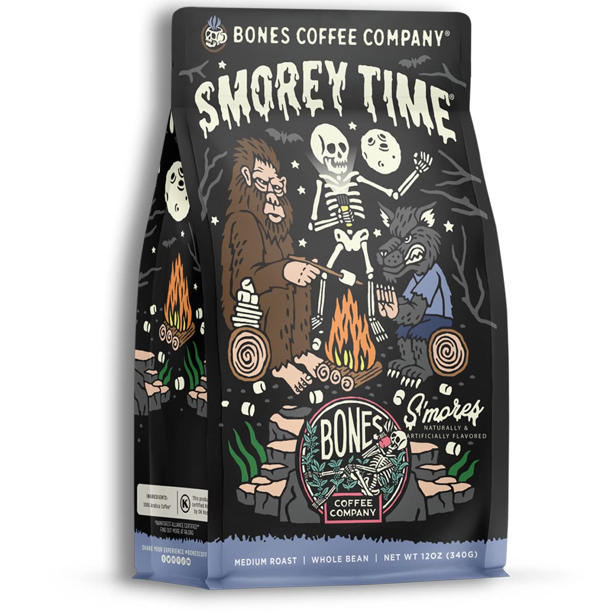 Bones Coffee Company S'Morey Time Whole Coffee Beans S'Mores And Graham Crackers Flavor, Low Acid Flavored Coffee, Made With Ara