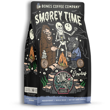 Bones Coffee Company S'Morey Time Whole Coffee Beans S'Mores And Graham Crackers Flavor, Low Acid Flavored Coffee, Made With Ara