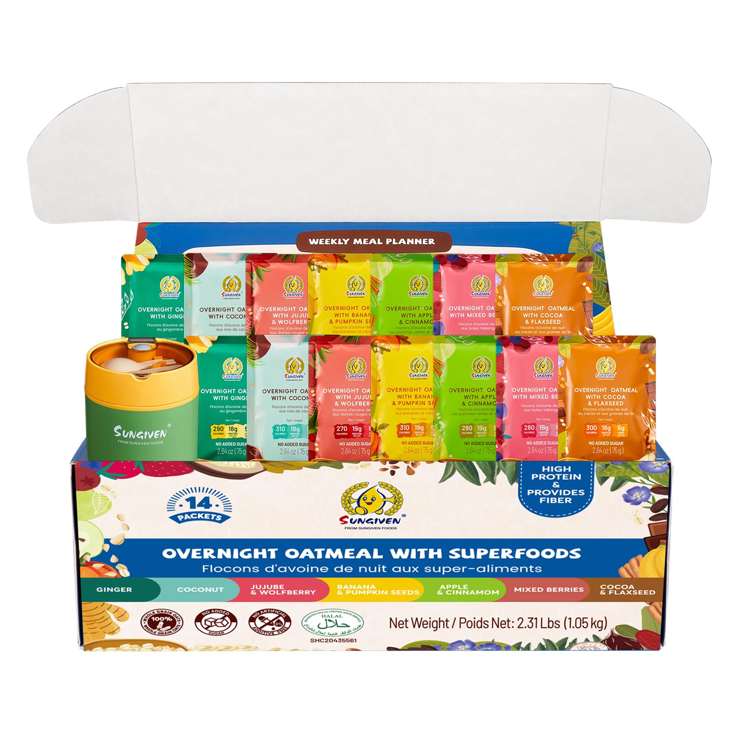 SUNGIVEN High Protein Overnight Oats with Container - 7 Flavors Low Sugar High Fiber Instant Oatmeal Health Breakfast Snacks for