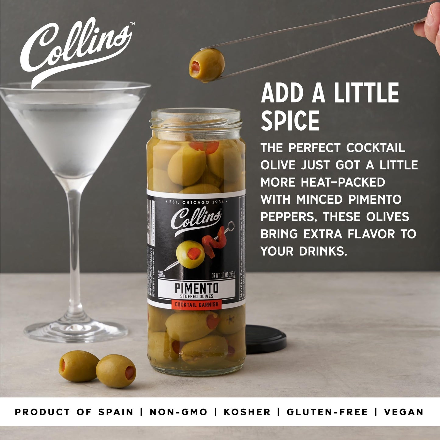 Collins Chicago Pimento Olives, Premium Garnish for Cocktails, 10oz Glass Jar, Black Lid