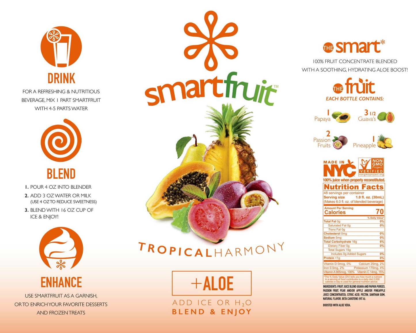 Smartfruit Tropical Harmony + Aloe, 100% Real Fruit Pur  E, Non-Gmo, No Additives, Vegan - 48 Fl. Oz