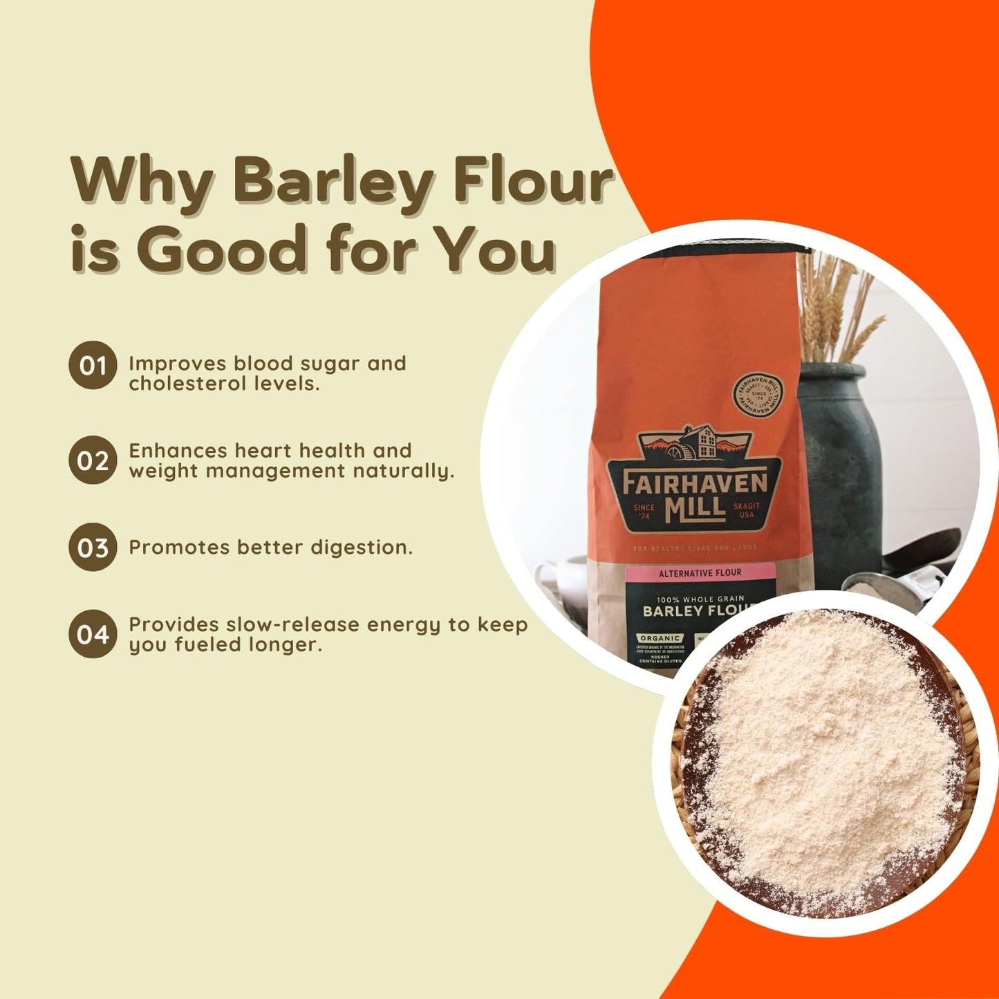 Fairhaven Mill Whole Grain Barley Flour 5 lbs - Non-Wheat, Mild Flavor - Perfect for Baking and Blending with Wheat Flours - 850