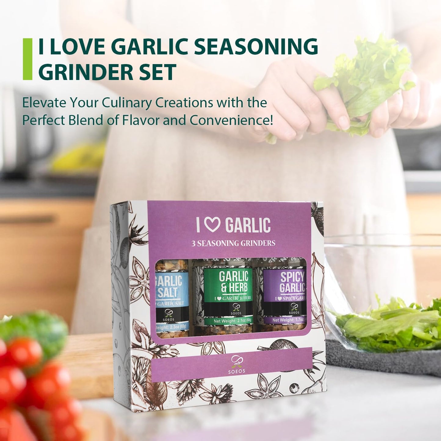 Soeos Spice Seasoning Set of 3 with Integrated Grinders, Spicy Garlic, Garlic & Herbs, Garlic Salt, Seasoning Gift Set.