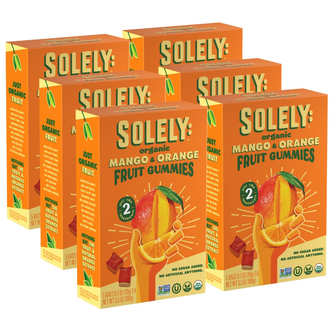 SOLELY - Organic Mango & Orange Whole Fruit Gummies (Pack of 6 Boxes, 5 Bags per Box) - Real Fresh Fruit - Healthy Snacks for Ad