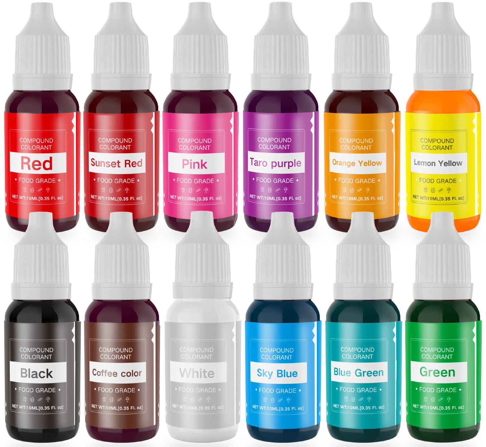 Colaele Food Coloring Liquid Dye Set - 12 Neon Colors, 0.35 Fl Oz Bottles, Water-Based Edible Colorant for Cakes, Icing, Cookies