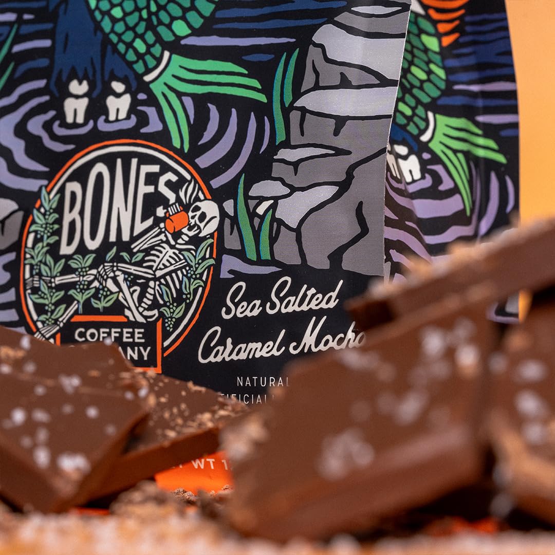 Bones Coffee Company Salty Siren Ground Coffee Beans Caramel Chocolate Flavor, Low Acid Flavored Coffee, Made with Arabica Coffe
