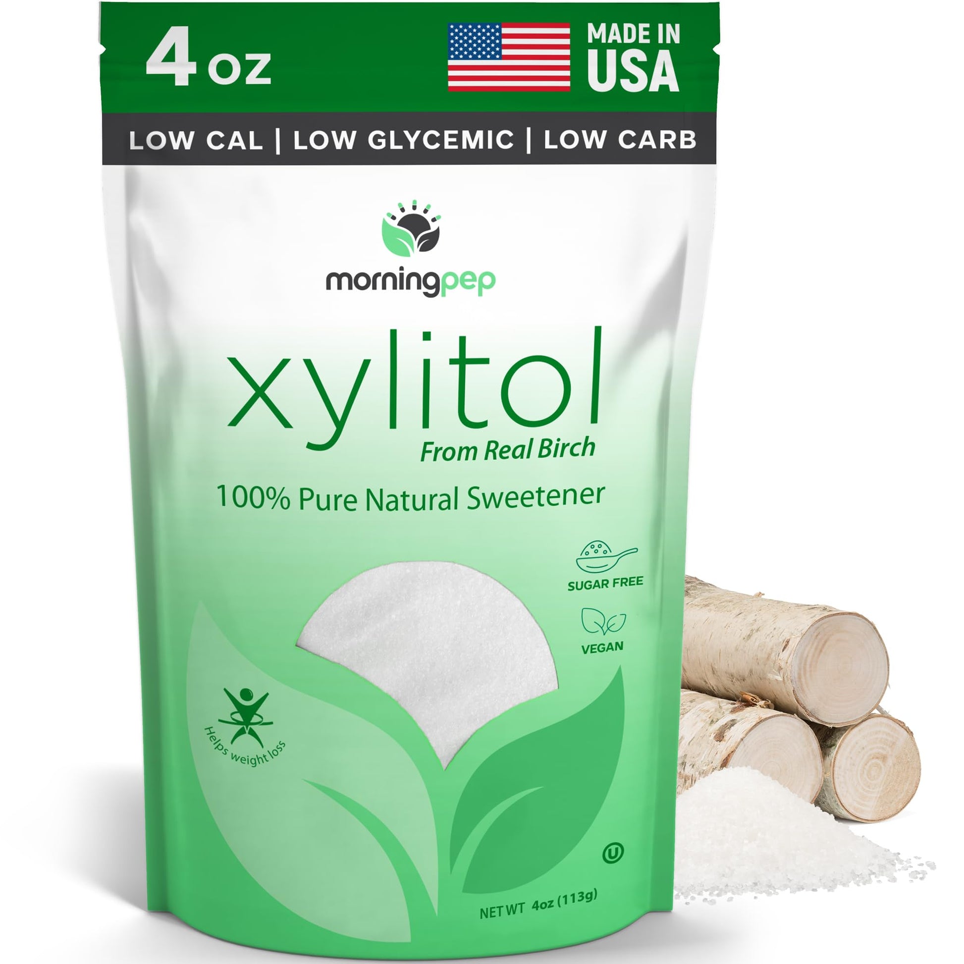 Morning Pep Sample Size Pure Birch Xylitol (Keto Diet Friendly) Sweetener with no Aftertaste 4 OZ (Not from Corn) Non GMO Kosher