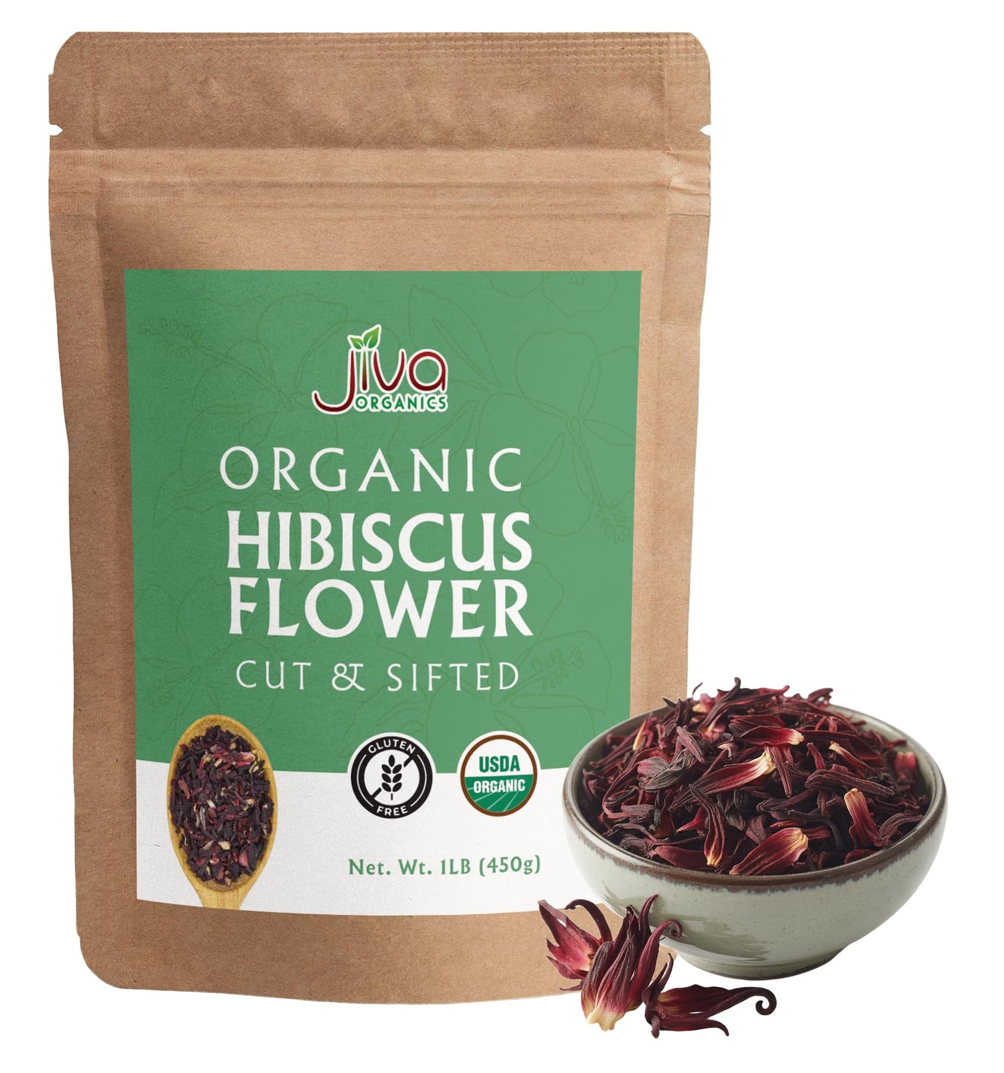 Jiva Organics Organic Hibiscus Flowers - 100% Pure, Cut & Sifted, 1 LB, Gluten Free, Non GMO, Caffeine Free