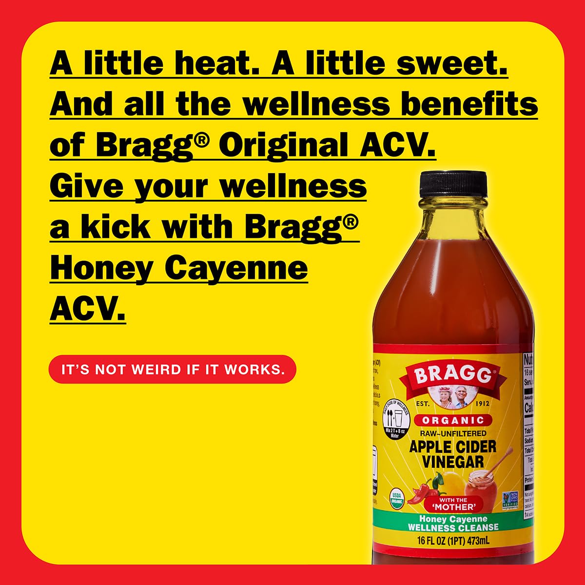 Bragg Organic Apple Cider Vinegar with Honey & Cayenne, 16 fl oz, Raw and Unfiltered