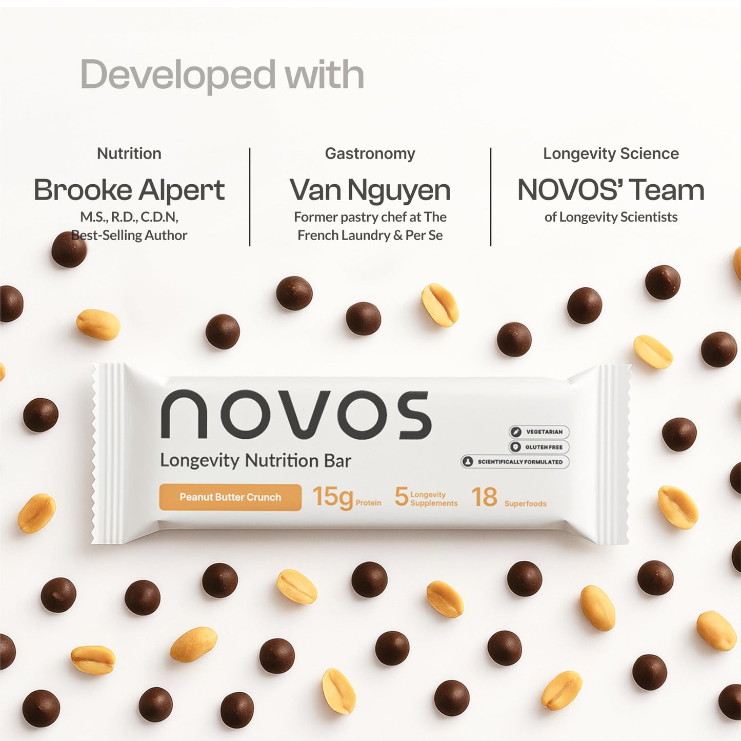 Novos Longevity Protein Bar - Peanut Butter - 15g Protein, 5 Longevity supplements, 20 Superfoods, Organic Olive Oil, Seed Oil F
