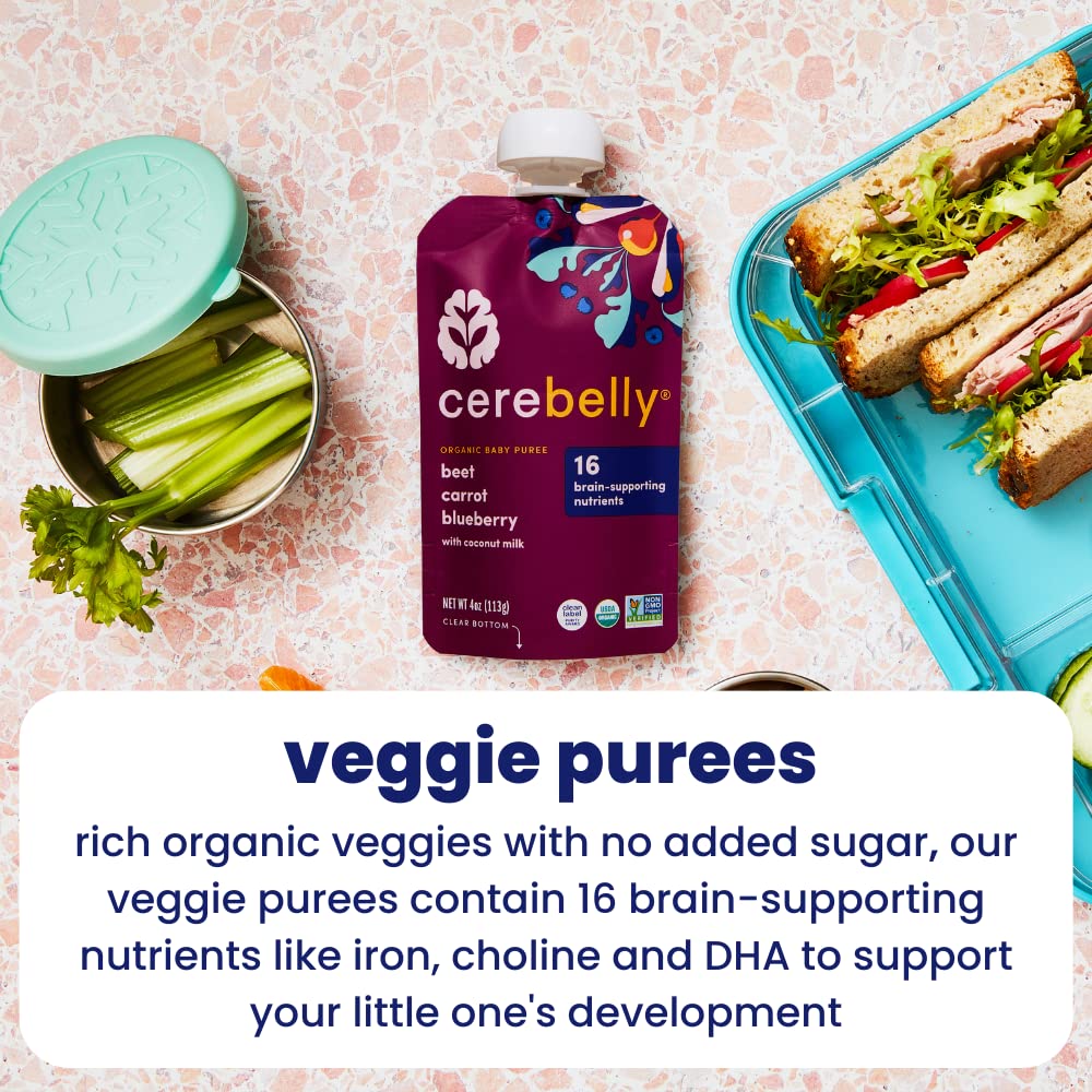 Cerebelly Organic Baby Food Pouches, Beet Carrot Blueberry Purees, 16 Nutrients, No Added Sugar, Fiber & Non-GMO, 4oz, 12 Pack