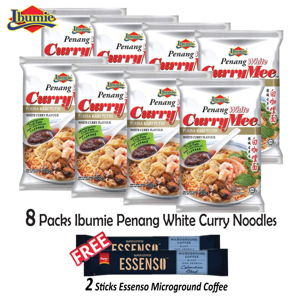 Ibumie Penang White curry Mee White curry Flavour Instant Soup Ramen Noodles 8 Packs x 105g + Free 2 sticks Essenso coffee.