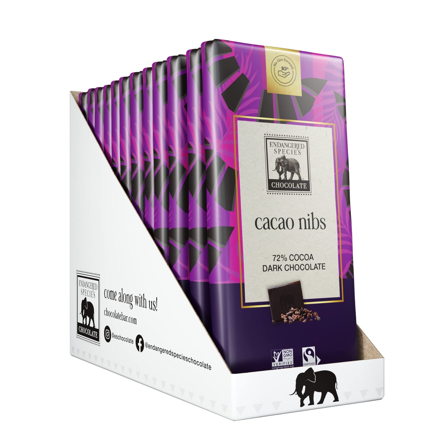 Endangered Species Chocolate Dark Chocolate Bar with Cocoa Nibs, 3 Ounce, Pack of 12