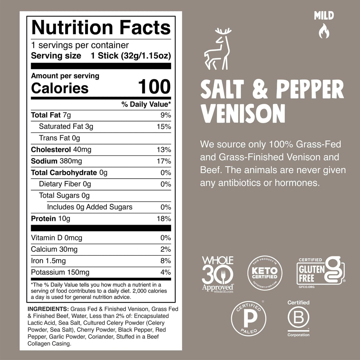 Chomps Venison Jerky Snack Sticks, Salt & Pepper, 10-Pack, 11.5 Ounce, Keto, Paleo, Low Carb, Gluten Free, Zero Sugar
