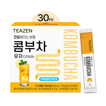 TEAZEN Citron Kombucha Tea, Hydration Drink Mix, Sugar Free, Live Probiotics & Prebiotics, 30 Sticks, 5.29oz
