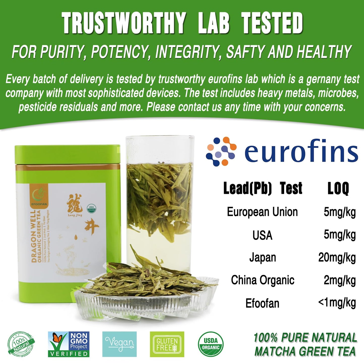 Efoofan Organic Dragonwell Green Tea Loose Leaf, 3.53Oz/100G, Usda/Ec Certified, 2Nd Pick/Yuqian Chinese Tea Leaves, Longjing Ch